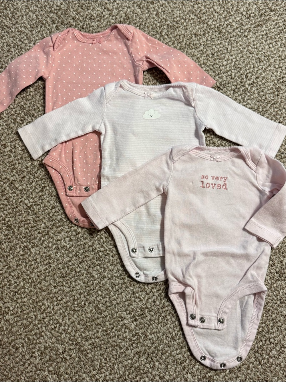 Lot of 3 Baby Girl Carter's Bodysuits White Pink So Very Loved Cloud Dot 3 Month